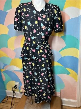 Vintage Boulevard Black Floral Belted Peplum Midi Dress Black with Pastel Floral
